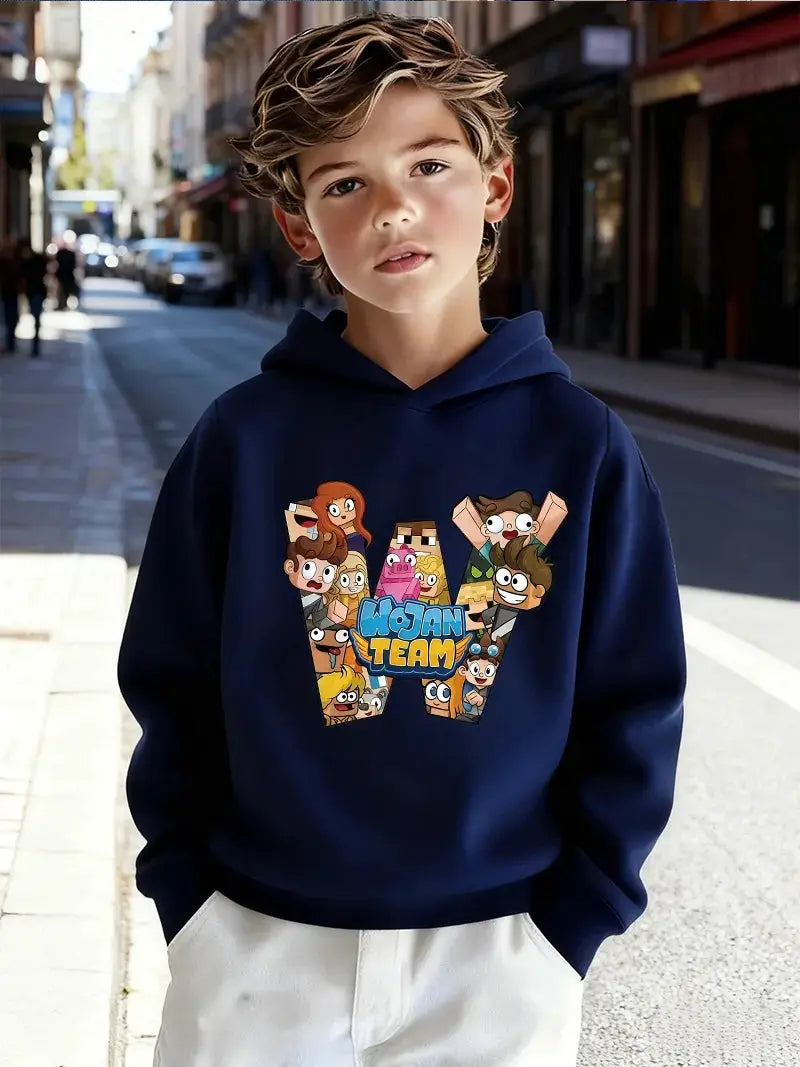 2026Kids'Wojan team character pattern children's hooded sweatshirt, suitable for daily wear in autumn and winter BAZAARHUBO