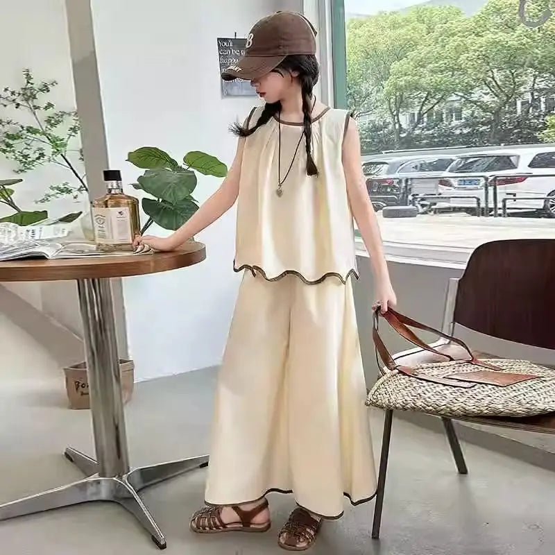 Girls Clothing Sets Fashion Summer Kids Loose Sleeveless Tshirts + Wide Pants 2PCS Casual Children Clothes 6 8 10 12 14 Years