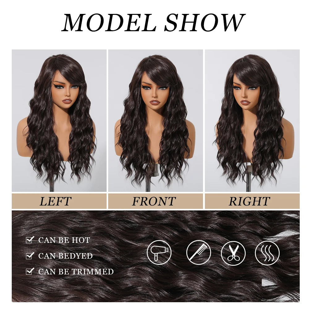 EASIHAIR Dark Brown Long Curly Synthetic Wig with Bangs Brown Women's Wigs for Cosplay Daily Use Heat Resistant Natural Hair