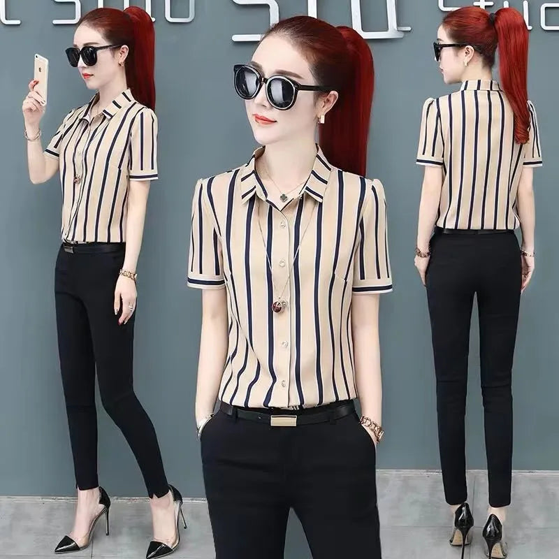Fashion Women Spring Summer Style Blouses Shirts Lady Casual Office Work Wear OL Short Sleeve Striped Blusas Tops