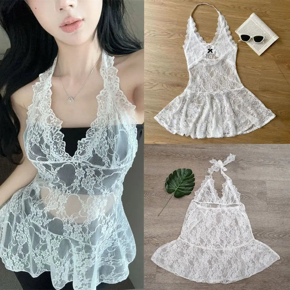 Fashion Transparent Lace Halter Dress V-neck Beachwear Lace-up Short Skirts A-line Spicy Girl Style Dresses Women Club