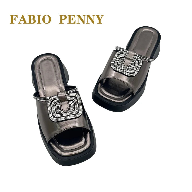 FABIO PENNY2026 new solid-color exquisite water diamond design thick-soled women's fashionable slippers and party sandals