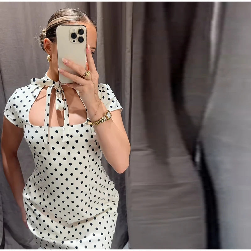 Fashion Polka Dot Mini Dress For Women 2026 Spring Summer Short Sleeve Lace Up Collar Party Dress Lady Bodycon Evening Vestidos