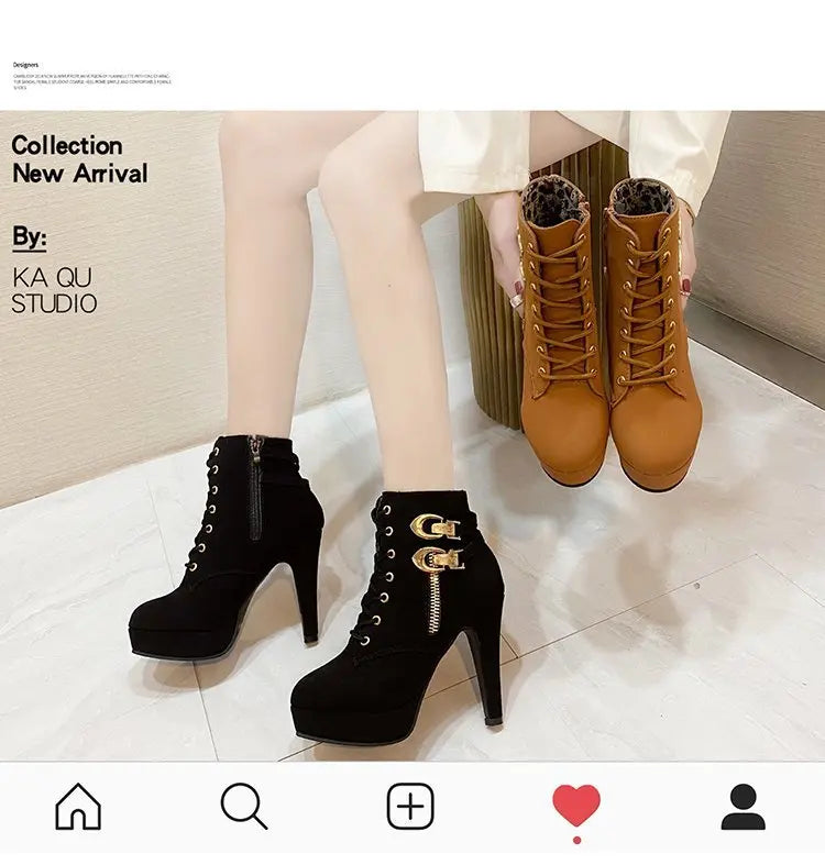 Women High Heels Stiletto Ankle Boots 2025 Autumn Fashion Lace-up Side Zipper Boots Female Platform Solid Color Short Booties