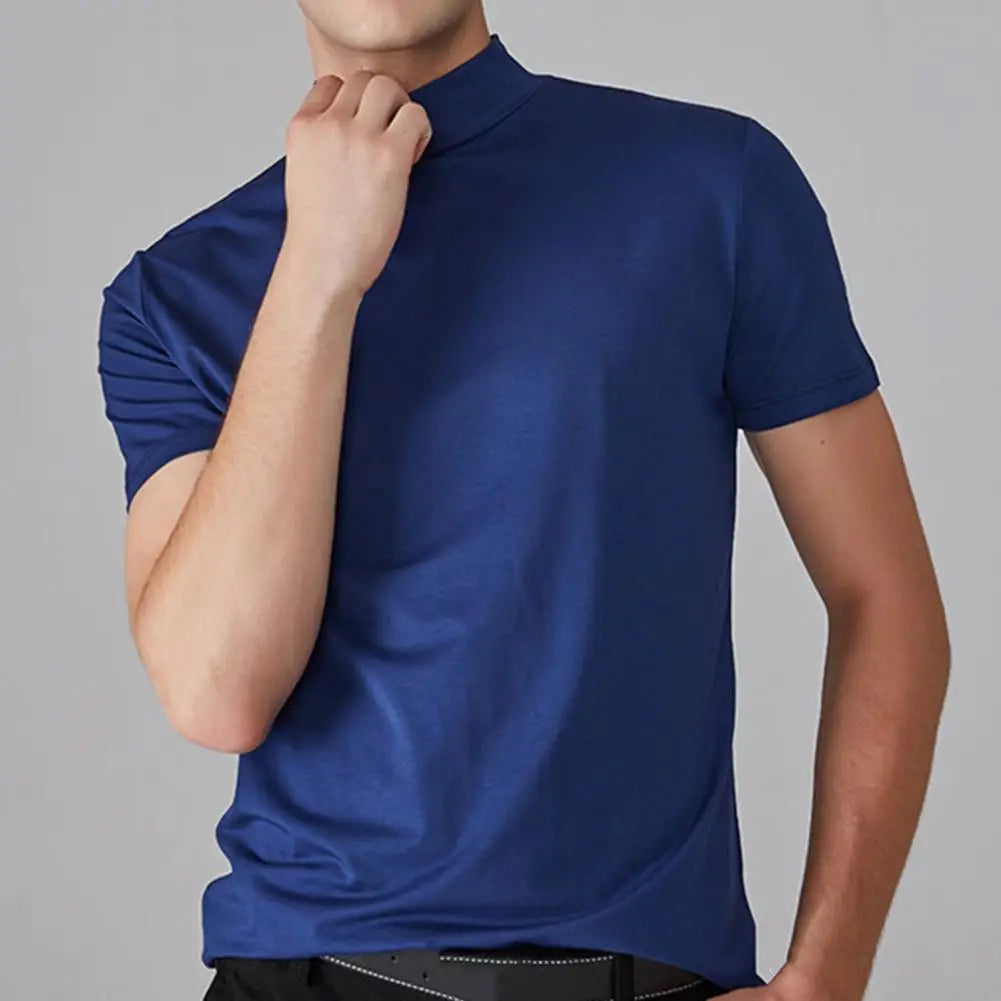Summer Casual Short Sleeve T-shirt For Men Half High Collar Slim Fit T-shirt Solid Color Elastic Thin Pullover Tee Shirt