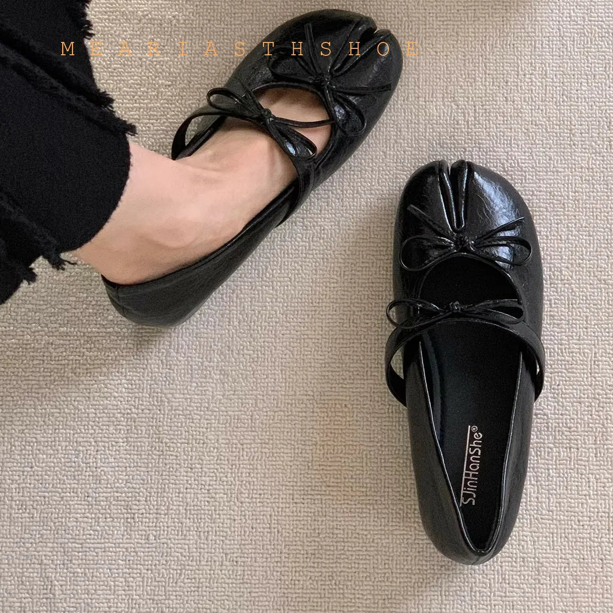 Slip-On Cylindrical Heel Tabi Pumps Bowknot Split Toe High Heels for Women Handmade Multi-Color Novelty Design Leather Shoes New