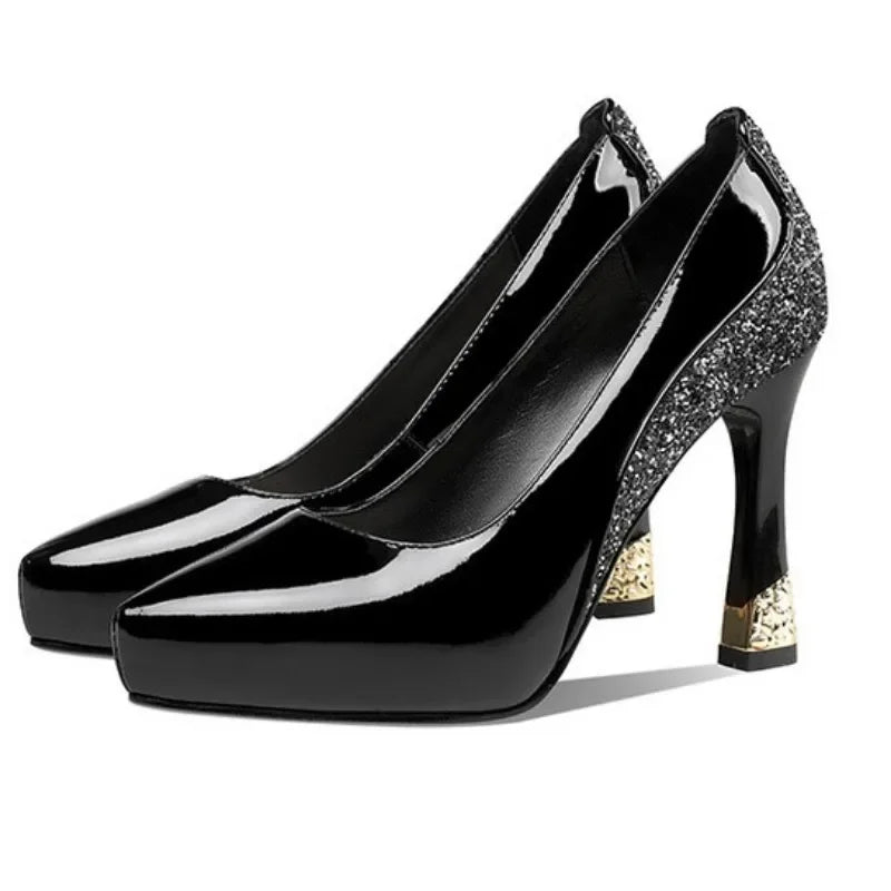 2025 Spring New Pointed Shallow Patent Leather High Heels Fashion Elegant Shoes for Women Thin Heel Platform Work Pumps Zapatos
