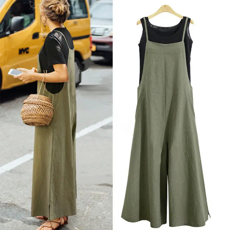 Women Loose Casual Playsuit Trousers Wide Leg Pants Overalls Baggy Romper Lady Chic Summer Sleeveless Cotton Loose Jumpsuits 5XL