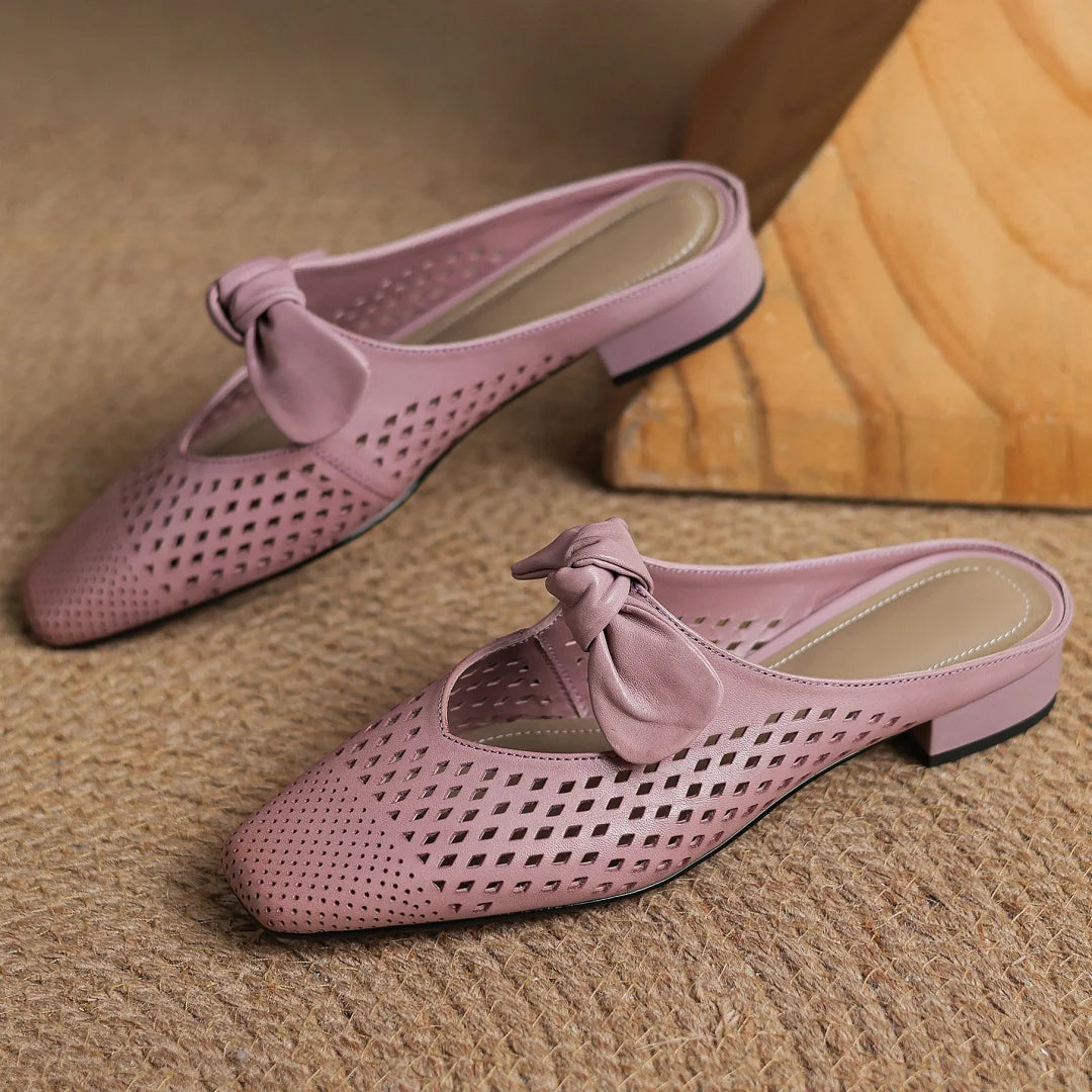 2025 Summer new plus size 34-41 women's hollow-out cow leather slip-on flats summer slides sandals sweet bowtie elegant mules