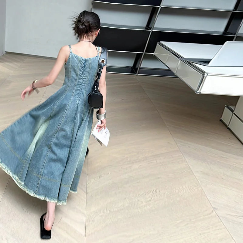 Kids Luxury Clothing Summer Denim Dress with Straps for Teenage Girls High Fashion Streetwear Outfit Children Casual Jeans Dress