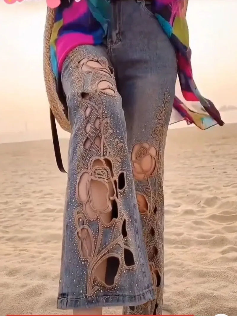 2025 Summer Women New Heavy Industry Hollow Embroidered Jeans Women High Waist Skinny Fashion Versatile Nine-Point Flared Pants