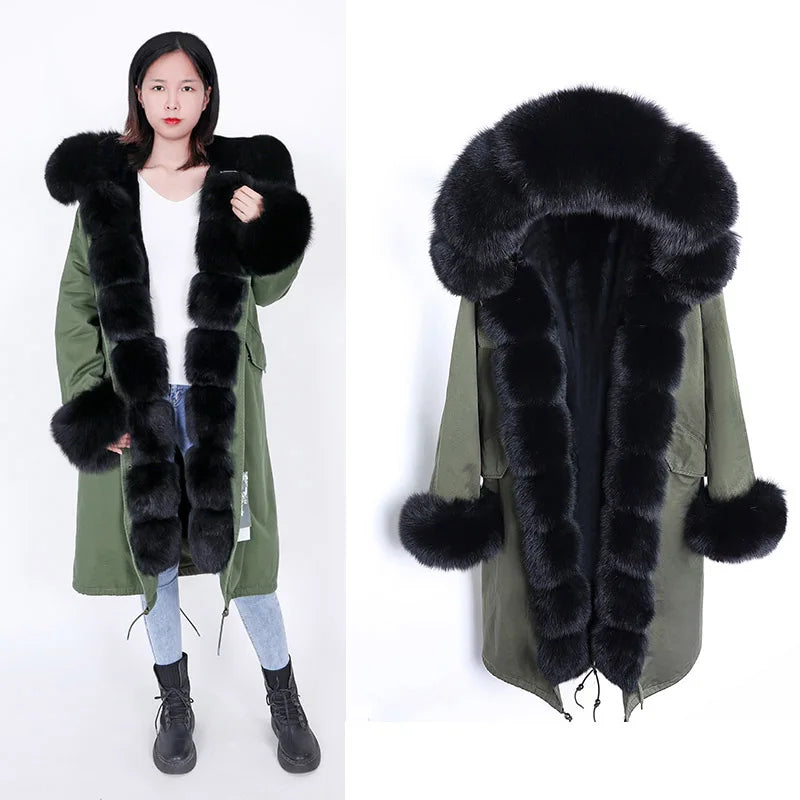 Maomaokong Winter Woman Natural Fur Overcoat Plus Size Black Parkas Raccoon Real Fur Lining Extra Larg Warm Jacket Coats Long