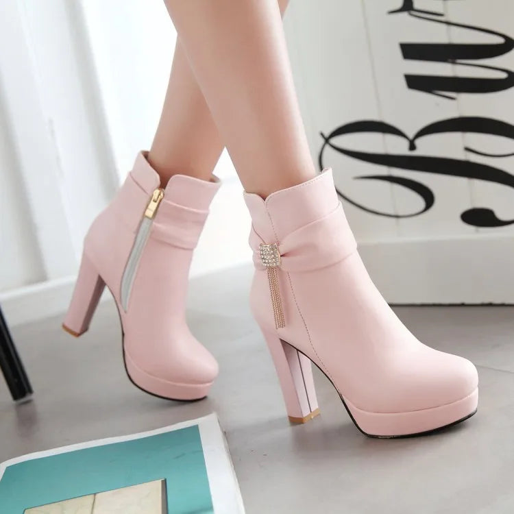 Brand Ankle Boots For Women Platform Fashion High Heel Short Boot Large Size Zipper Autumn Winter Black White Pink Women Shoes