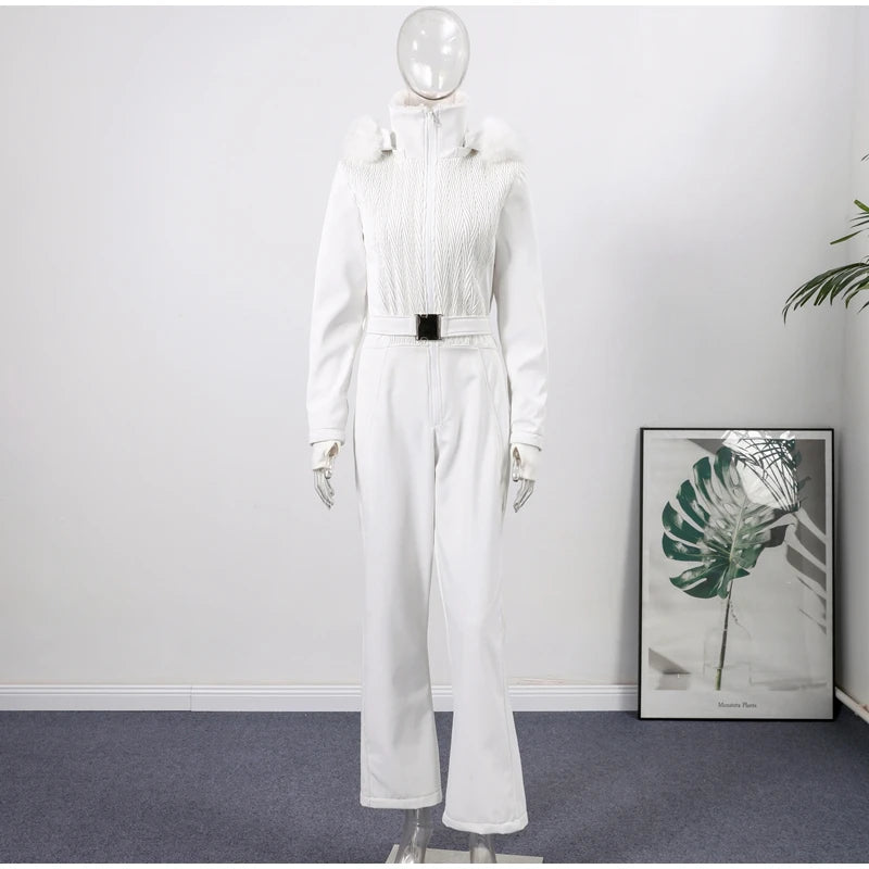 Women  Fur Collar Hooded Skiwear Fashion Solid Thicken Zipper High Waist Slim Outdoor Overalls Jumpsuit  Lady Winter Outwear