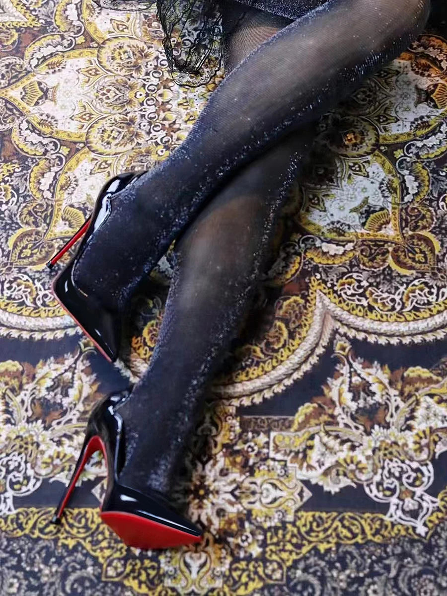 2024 New 12cm Super Shallow Mouth Black Red Sole High Heels Women's Thin Heels Sexy Pointy Large Size Single Shoes