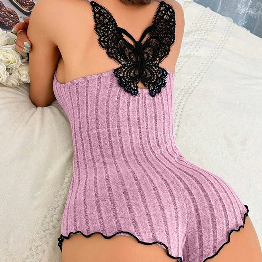 Womens Onesies Summer Pajamas Romper Sleepwear Fashion Back Bow Design Lace Splicing Bodysuit Loungerwear