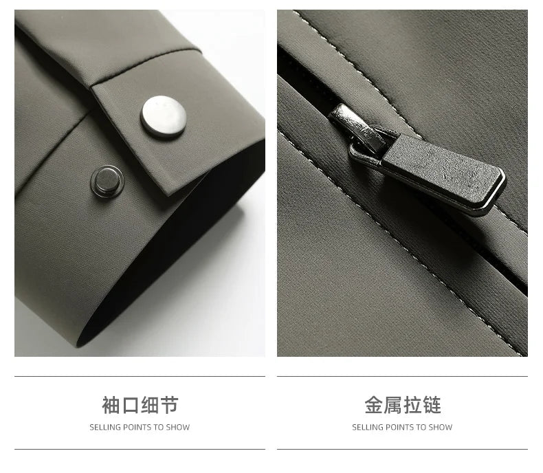 2026 New Men's Spring Lapel Zip-Up Jacket Spandex Fabric Casual Business Outerwear Windproof Anti-Wrinkle Coat