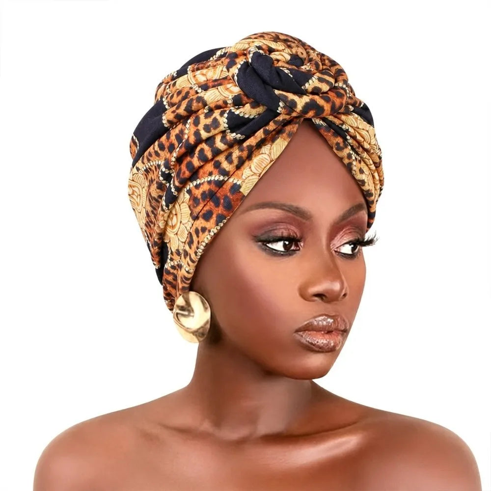 Fashion African Print Hijab Caps Pleated Wrap Twist Knot Turban Hat Elastic Knotted Style Floral Head Wrap All Match Decor