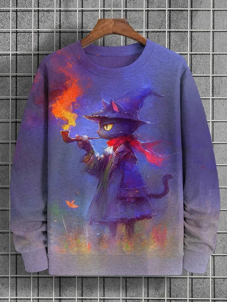 Japanese Fashion Men's Sweatshirt Funny Animal Graphic Ukiyo-e O-Neck Pullover Casual Pullover Tops Regular Fit Polyester Shirt