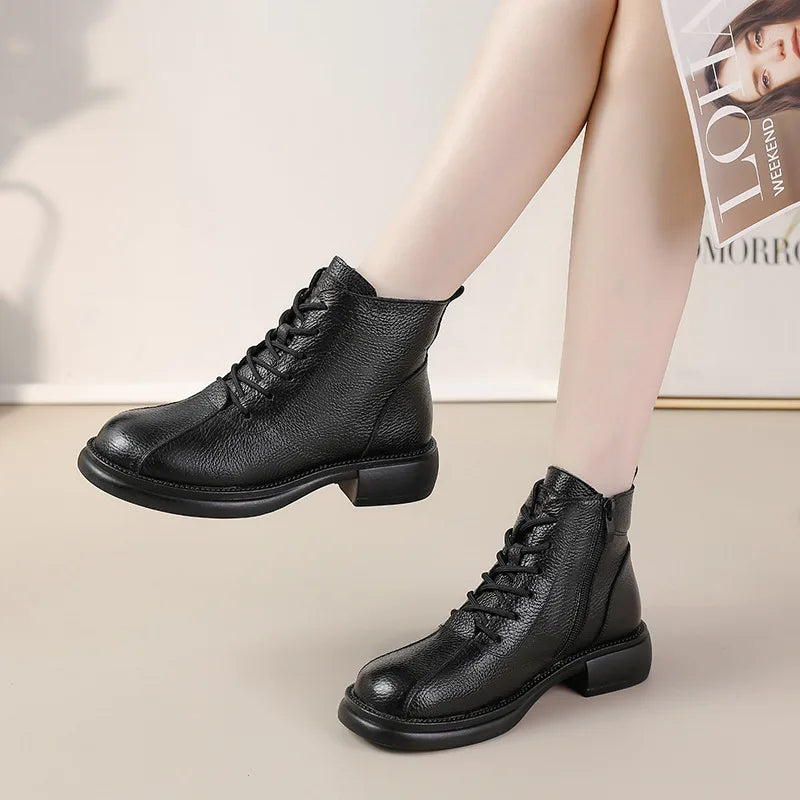 Xiuteng Autumn New Cowhide Mid-Heel Soft-Soled Women's Short Boots Retro Casual Leather  Boots Warm Women's Cotton Shoes