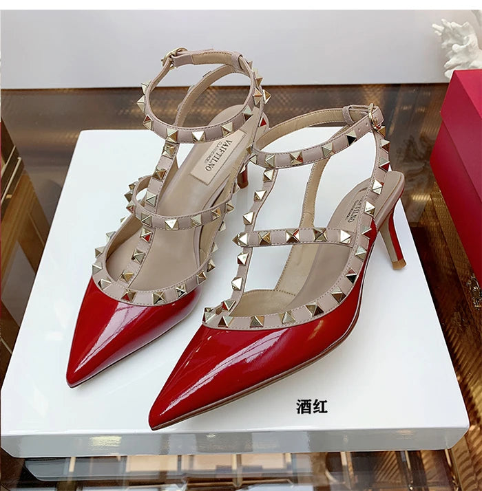 Nude Women's Gladiator sandals Summer 2025 Luxury With Ankle Strap Pointed Toe Fashion Rivet High Heels Party Ladies Shoes Women