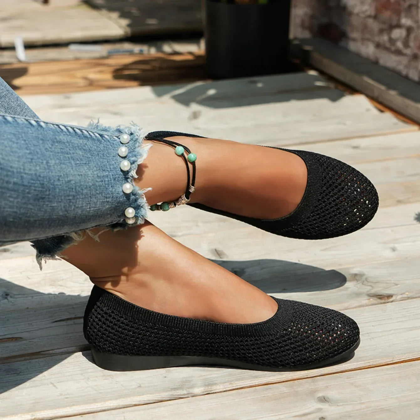 Women Round Toe Flat Shoes Solid Color Knitted Slip on Shoes Casual Breathable Ballet Flats Women Mesh Flat Shoes Loafers Woman