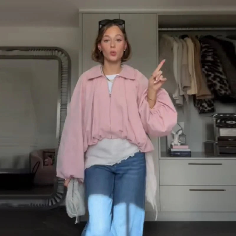 Women's Pink Puff Sleeve Pleated Bomber Jacket Casual Sweet Irregular High Waist Zipper Loose Crop Coat Daily Commute Outerwear