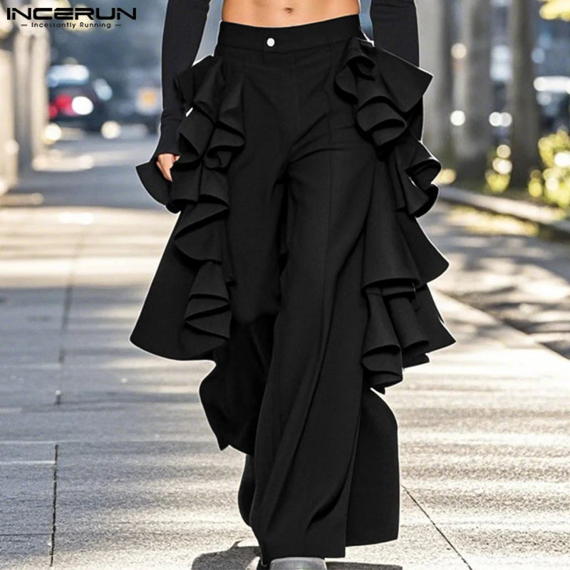 INCERUN 2025 American Style Trousers Fashion New Men Double-layer Flounce Pants Male Casual Solid Color Wide Leg Pantalons S-5XL