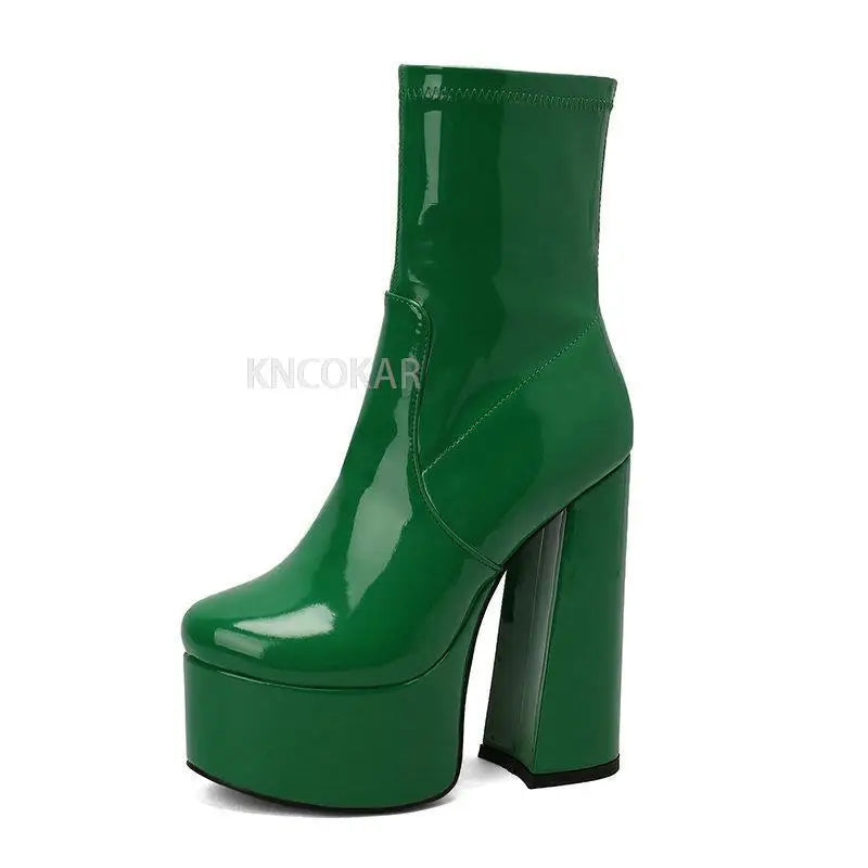 New Lacquer Leather Autumn and Winter Short Boots Women's Thick High Heels Sexy Short Tube Large Fashion Short Boots