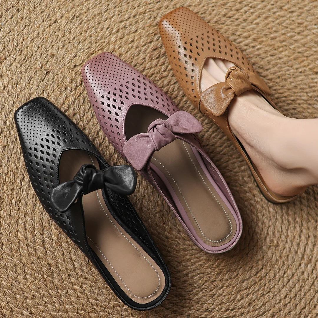 2025 Summer new plus size 34-41 women's hollow-out cow leather slip-on flats summer slides sandals sweet bowtie elegant mules