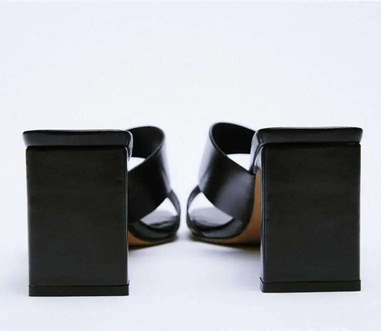 Summer new women's shoes brown black thick-heeled cow leather sandals square toe cross with open toe back high heels slippers