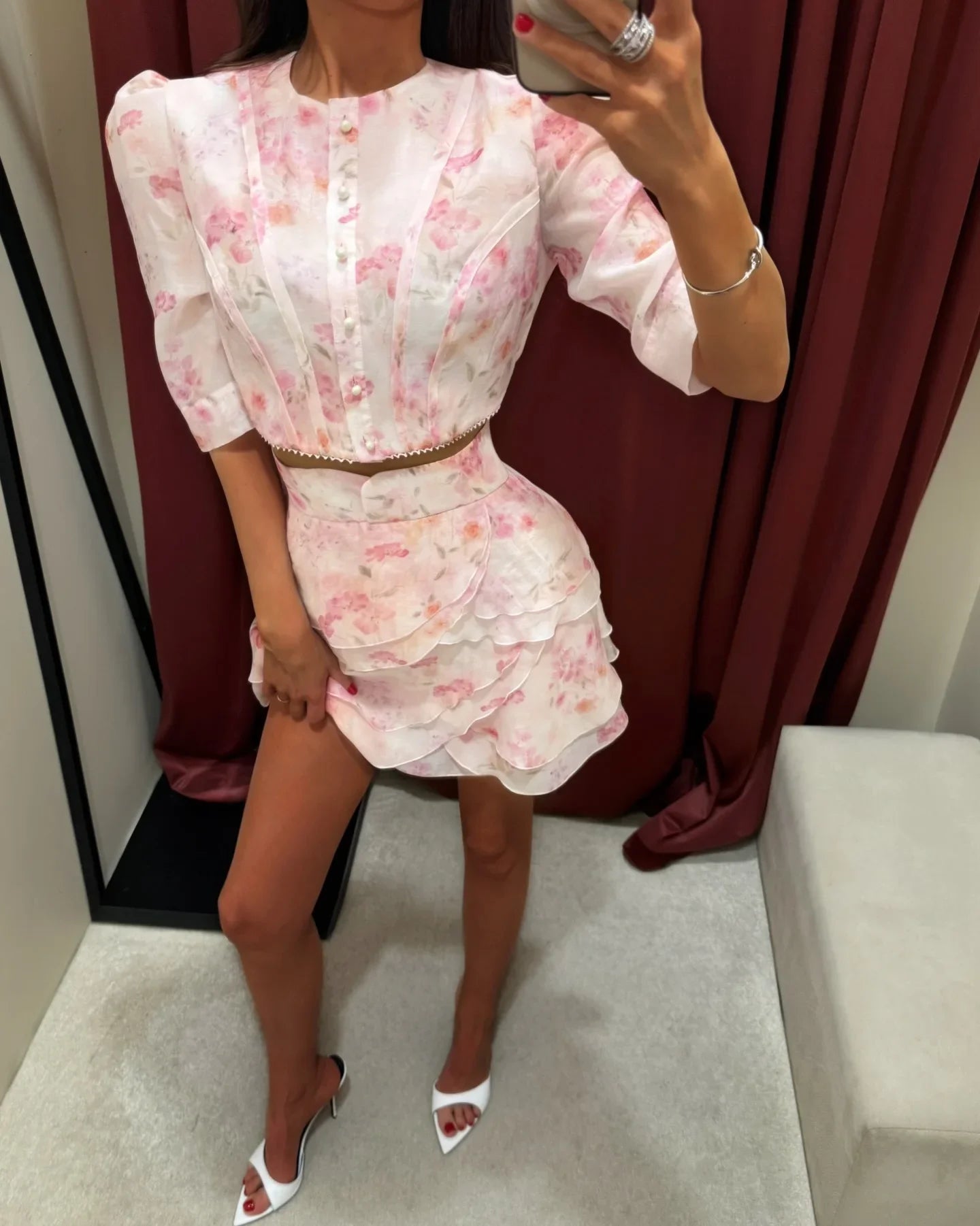 Women's Elegant 2 Piece Set Puff Sleeve Crop Top Ruffle Tiered Mini Skirt Suit Chic Co-ord Outfit  Summer Beach Vacation Outfit