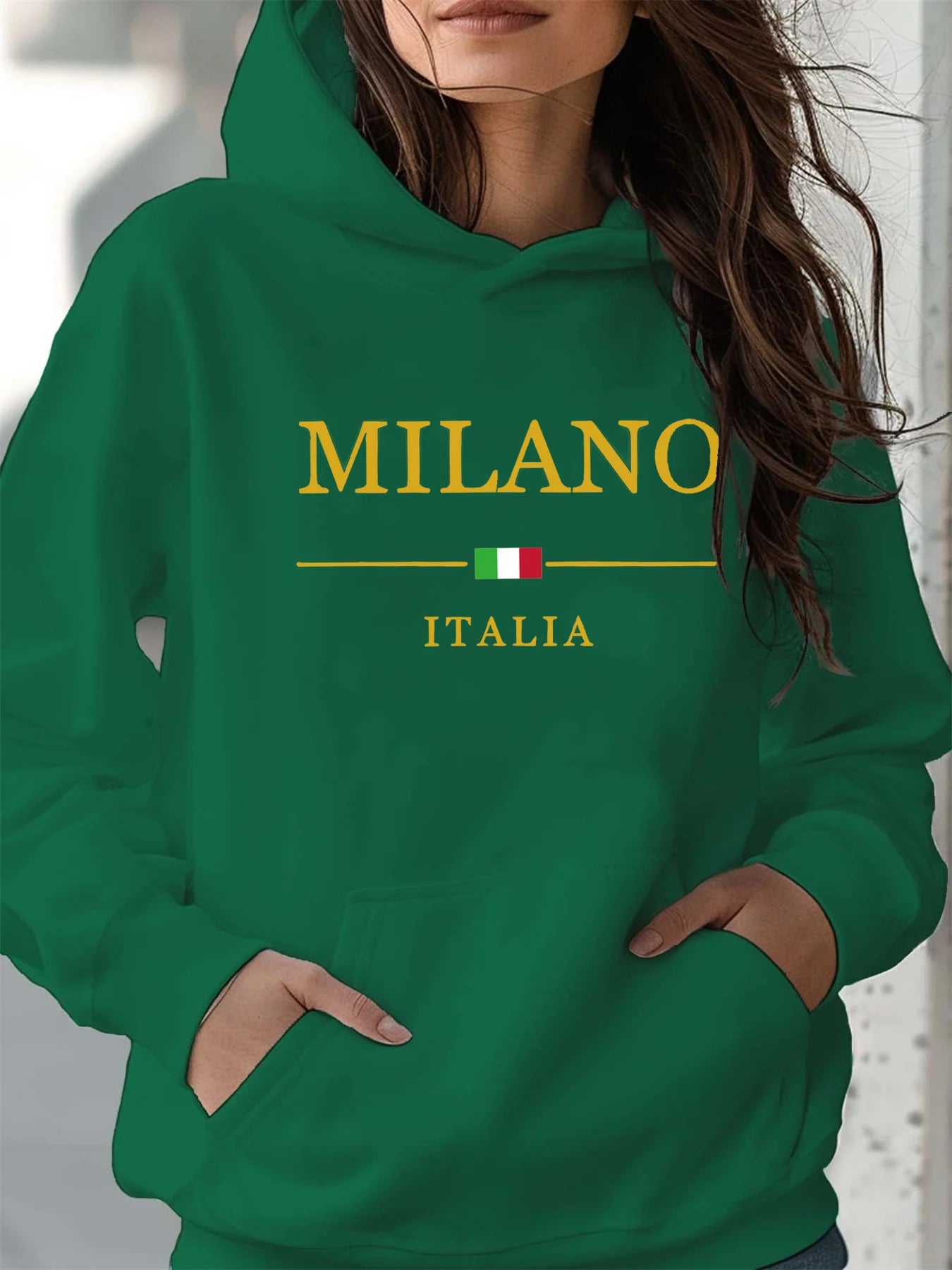 Women's autumn and winter warm and loose casual MILANO ITALIA pattern printed suede long sleeved hooded sweatshirt BAZAARHUBO