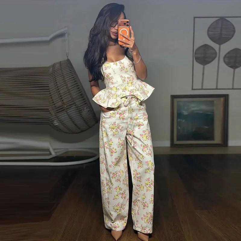 Floral Printed Women Long Pants Set Elegant Sleeveless Backless Vest Wide Leg Trousers Chic Holiday Vacation Lady Summer Outfits