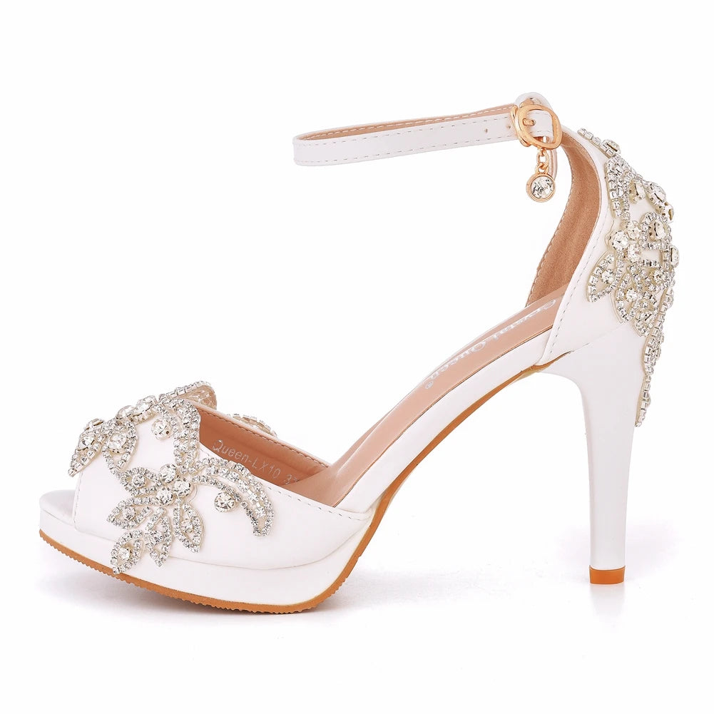 Women Wedding Shoes Bride Sandals White Rhinestones Silver Platform Dress Thin High Heels Ladies Pumps