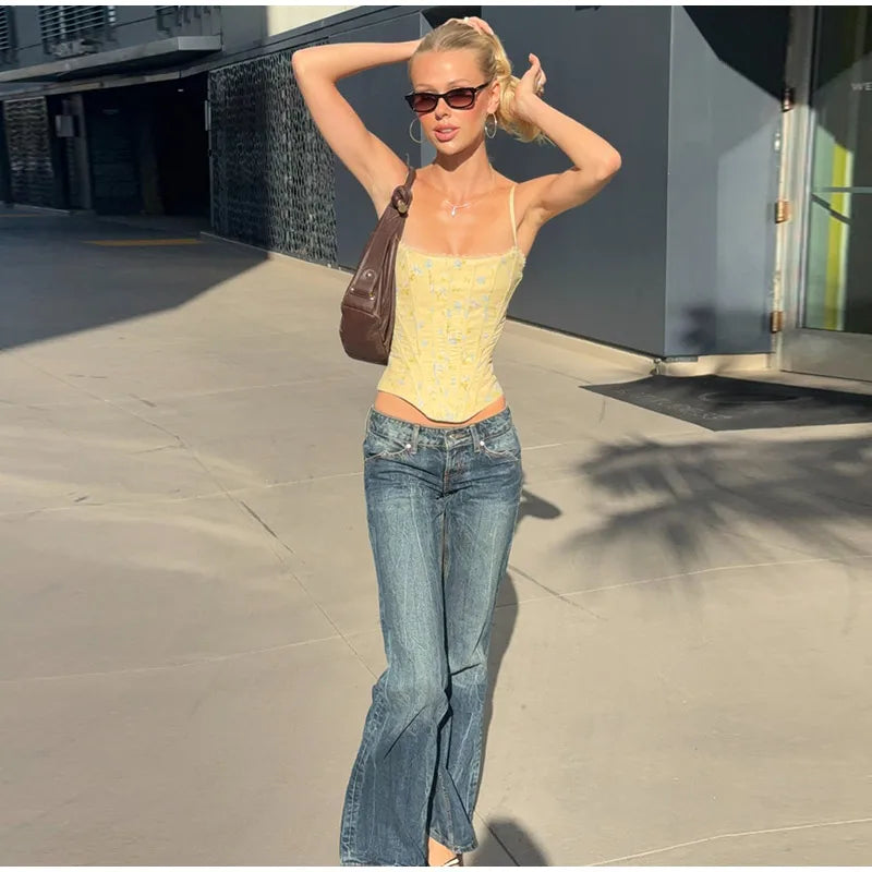 Floral Printed Fish-bone Tank Tops Women's Slim Sleeveless Back Lace-up Waist-cinching Blouses 2026 New Ladies Summer Outfit