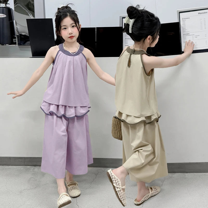 Girls Summer Casual Loose Skirt Pants Set Two Piece Outfit Big Kids Fashion Children's Clothing Set Comfortable