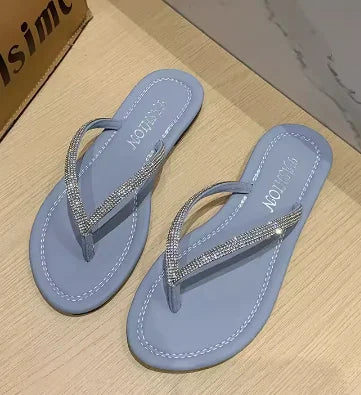 Lady New Luxury Crystal Thongs Shoes Flats Summer Flip Flops For Girls Outdoor Simple Leisure Slippers In Gold Silver 35-43 25cm