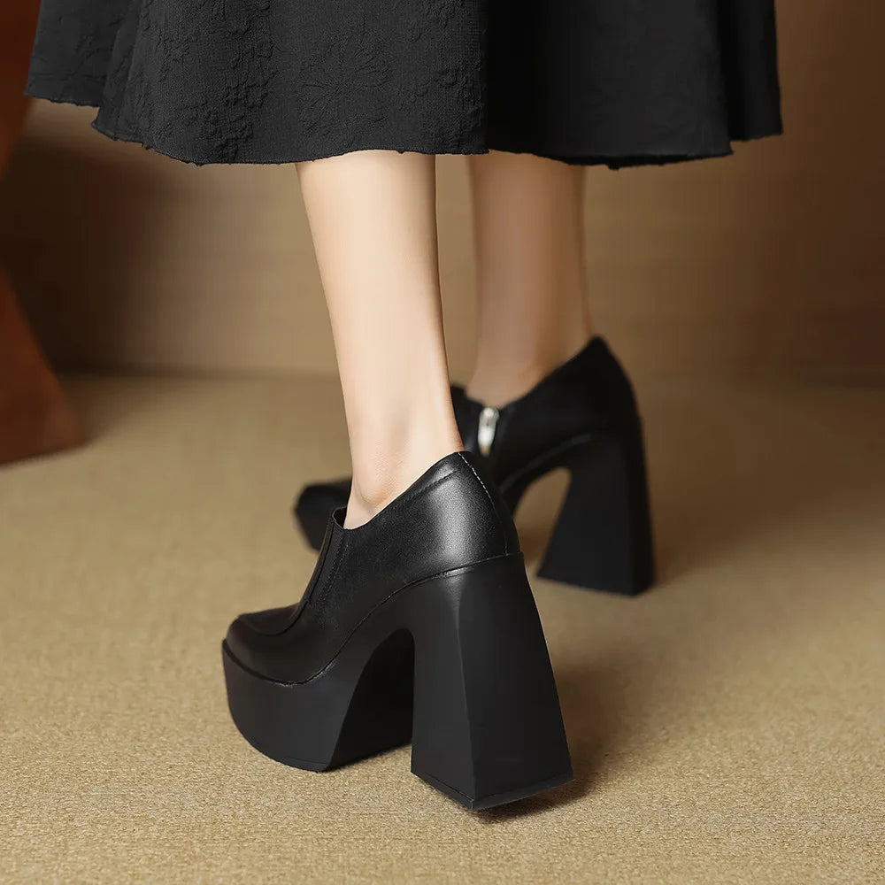 Aucegi New Spring Autumn Women Genuine Leather Pumps Classic Style Pointed Toe Platform Chunky Heel Retro Zipper Handmade Shoes