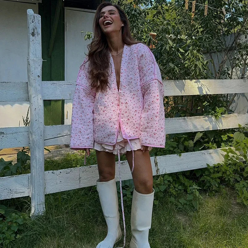 Floral Printed Women's Cardigan Cute Lace up Pink Women Coat Casual Loose Autumn Warm Coats Fashion New Ladies Coats Outerwear