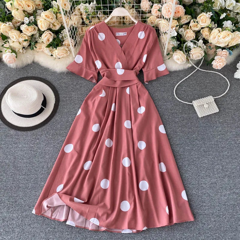 YuooMuoo Chic Polka Dot Print Women Dress Summer Vintage Swing Midi Party Dress