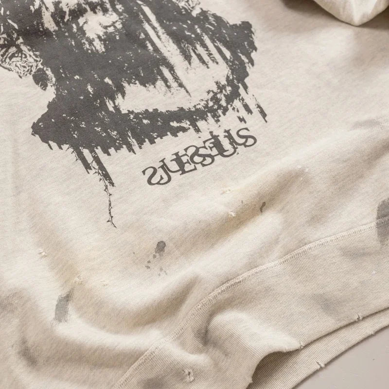 Real Photo Portrait Graffiti Print Saint Hoodie Wash Do Old Destroy Loose Pullover Casual Women Men Sweatshirt