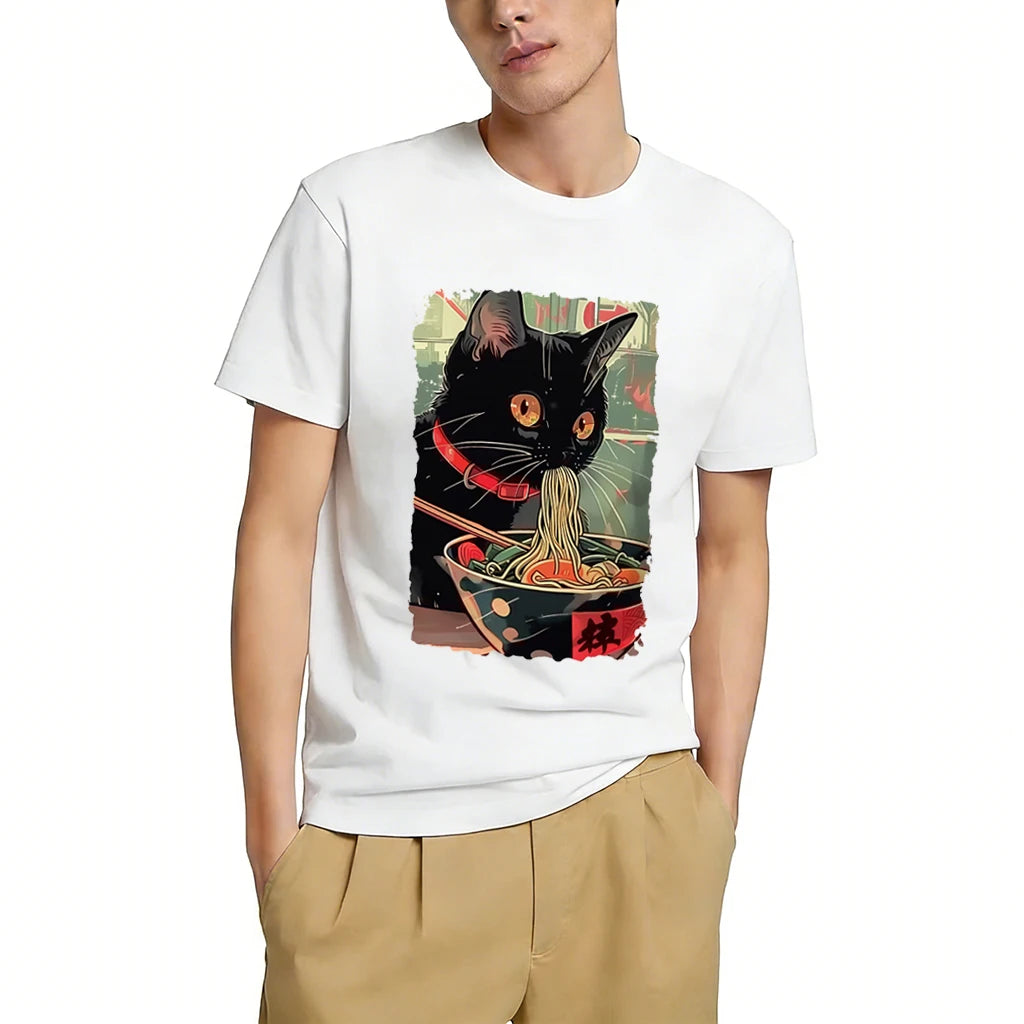 Japanese Anime-Style Ramen Black Cat Graphic T-Shirt Kawaii Animal Print Casual Daily Home Tees Classic O-Neck Short Sleeve Tops