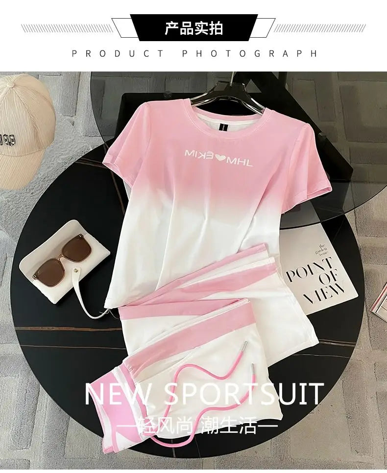 2024 Spring/Summer New Fashionable Gradient Short Sleeve+High Waist Wide Leg Pants Casual Two Piece Set