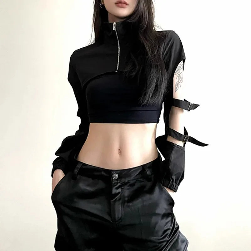 JOEVILU Women's Cyberpunk Goth Harajuku Crop Tops Long Sleeve Hollow Out Zipper T Shirt Y2K Grunge Streetwear Jacket for Dancing