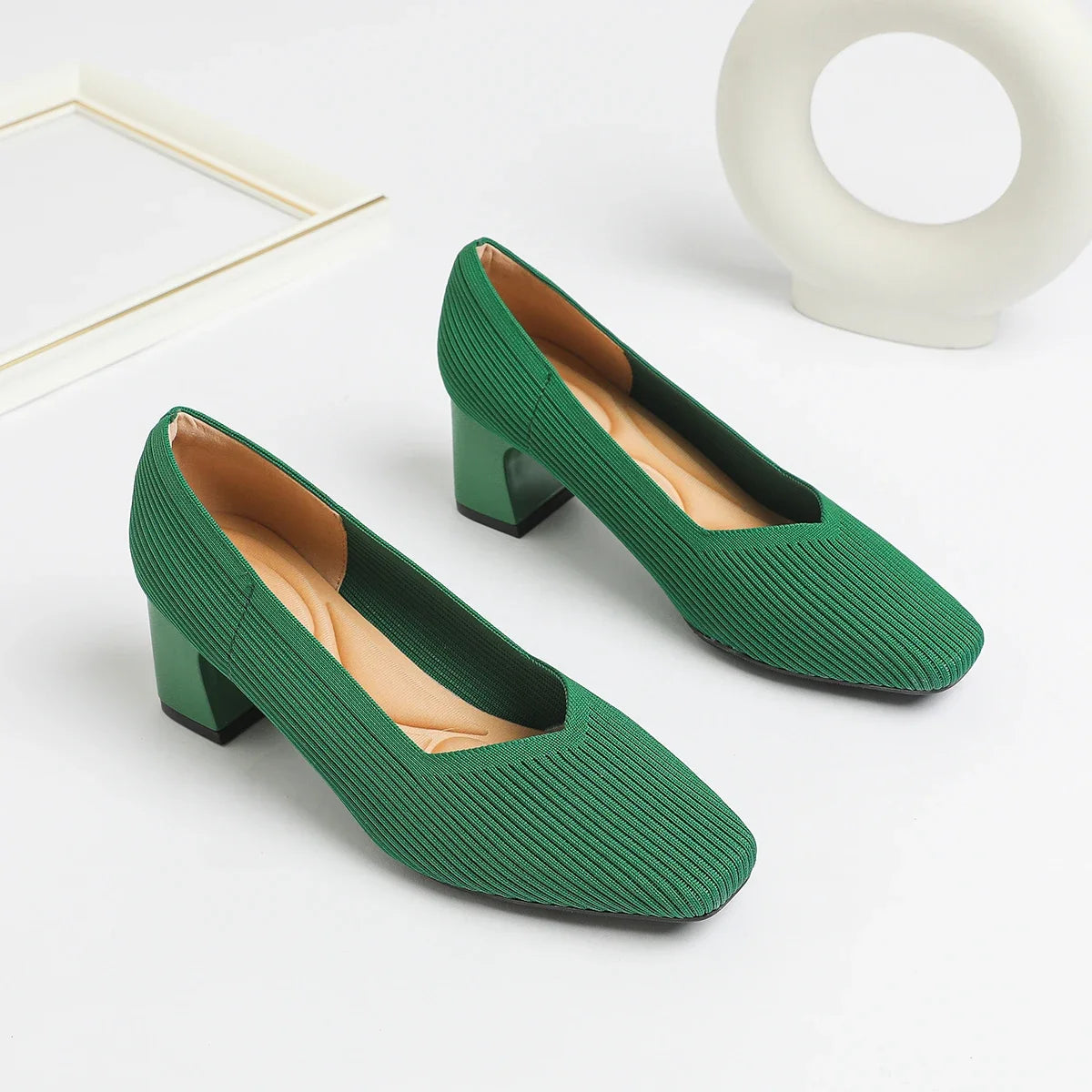 Shoes Woman High Heels Comfortable Square Knitted Breathable Comfortable Women's Flats Shoes (5cm High) 2025 New Collection