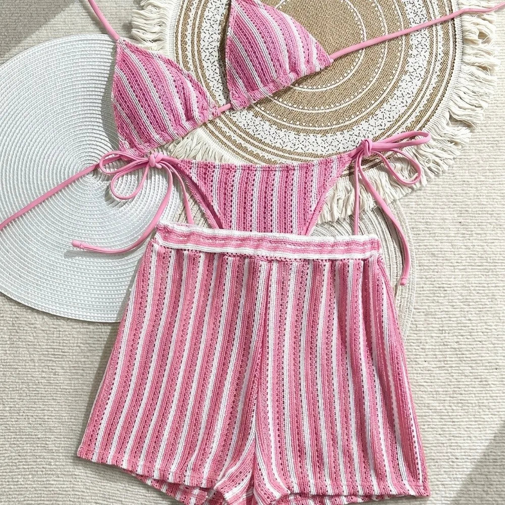Fashion Stripes 3 in 1 Swimwear Set Lace Up Slim Fit Bikini Bathing Suit Deep-V Sleeveless Knitting Swimsuit Beach