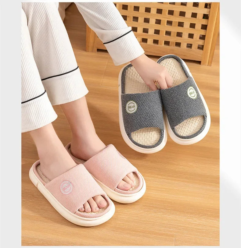 Couples Home Linen Slippers Women Indoor Soft Comfortable Bedroom Slides Men Leisure Non Slip House Shoes Platform Cotton Flats