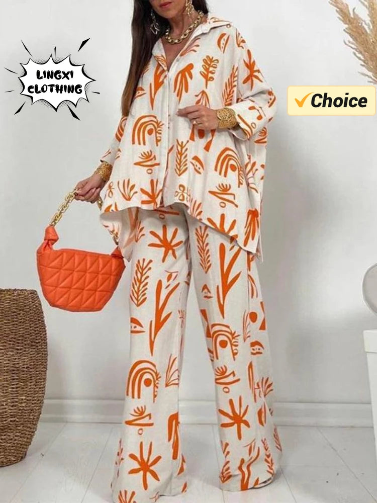 Summer Fashion New Printed Women's Set Printed Pattern Flip Collar Open Single Breasted Top Wide Leg Pants Elegant Two Piece Set