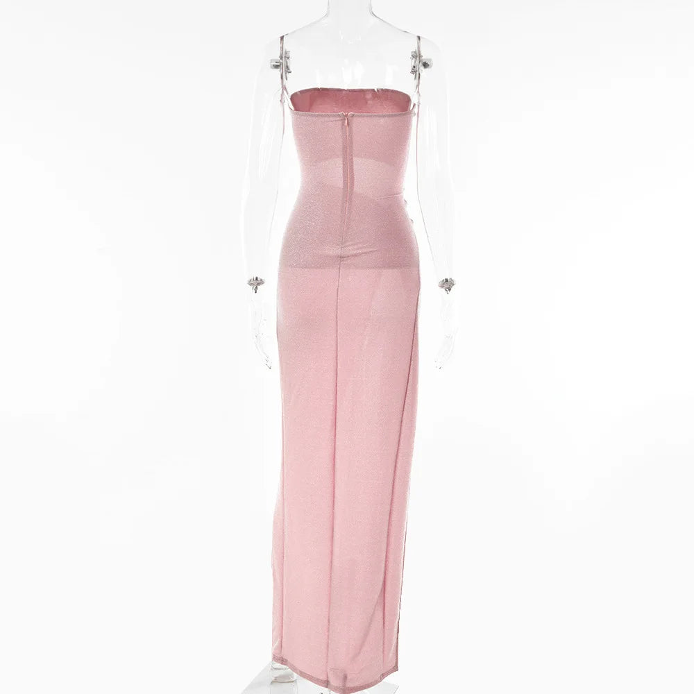 Cryptographic Summer Sexy Strapless Cut Out Slit Maxi Dress Elegant Outfits for Women Sleeveless Glitter Twist Dresses Vestido
